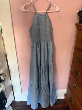 Venus Light Blue Denim Smocked Halter Maxi Dress